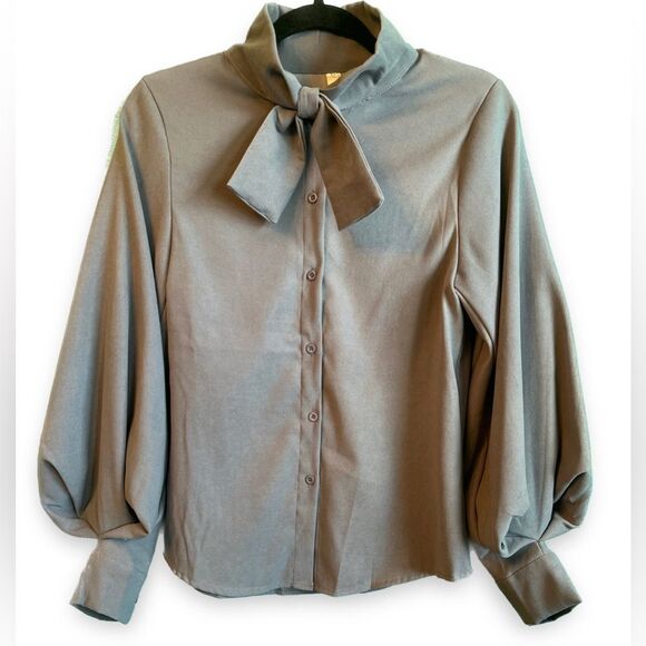 Simu Grey Blouse with Bow and Billow Sleeves Size Medium - Picture 1 of 3